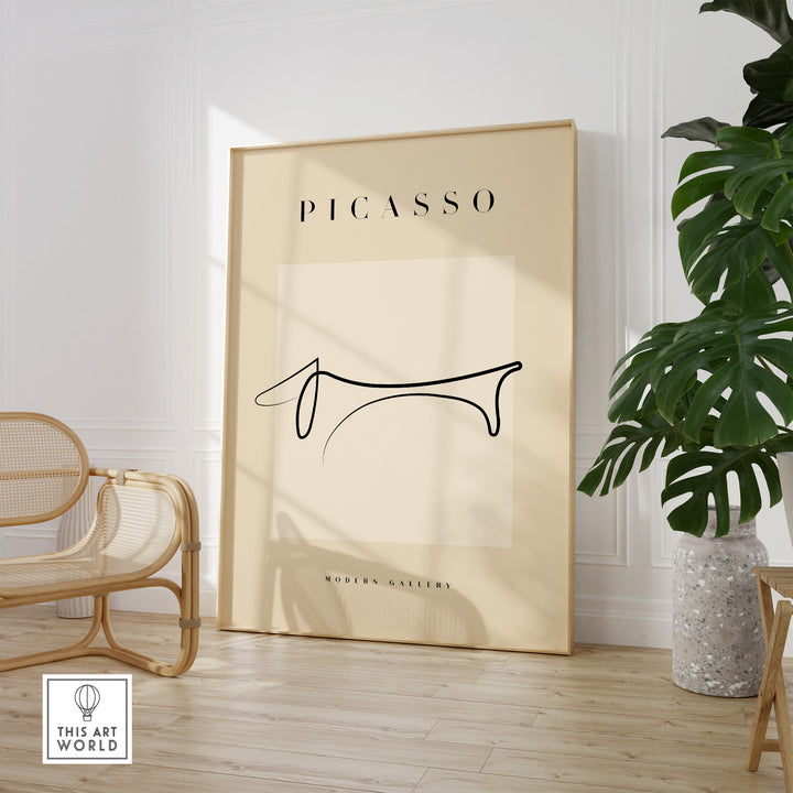 Minimalist Picasso Dachshund line art poster displayed in a modern gallery setting with elegant decor.