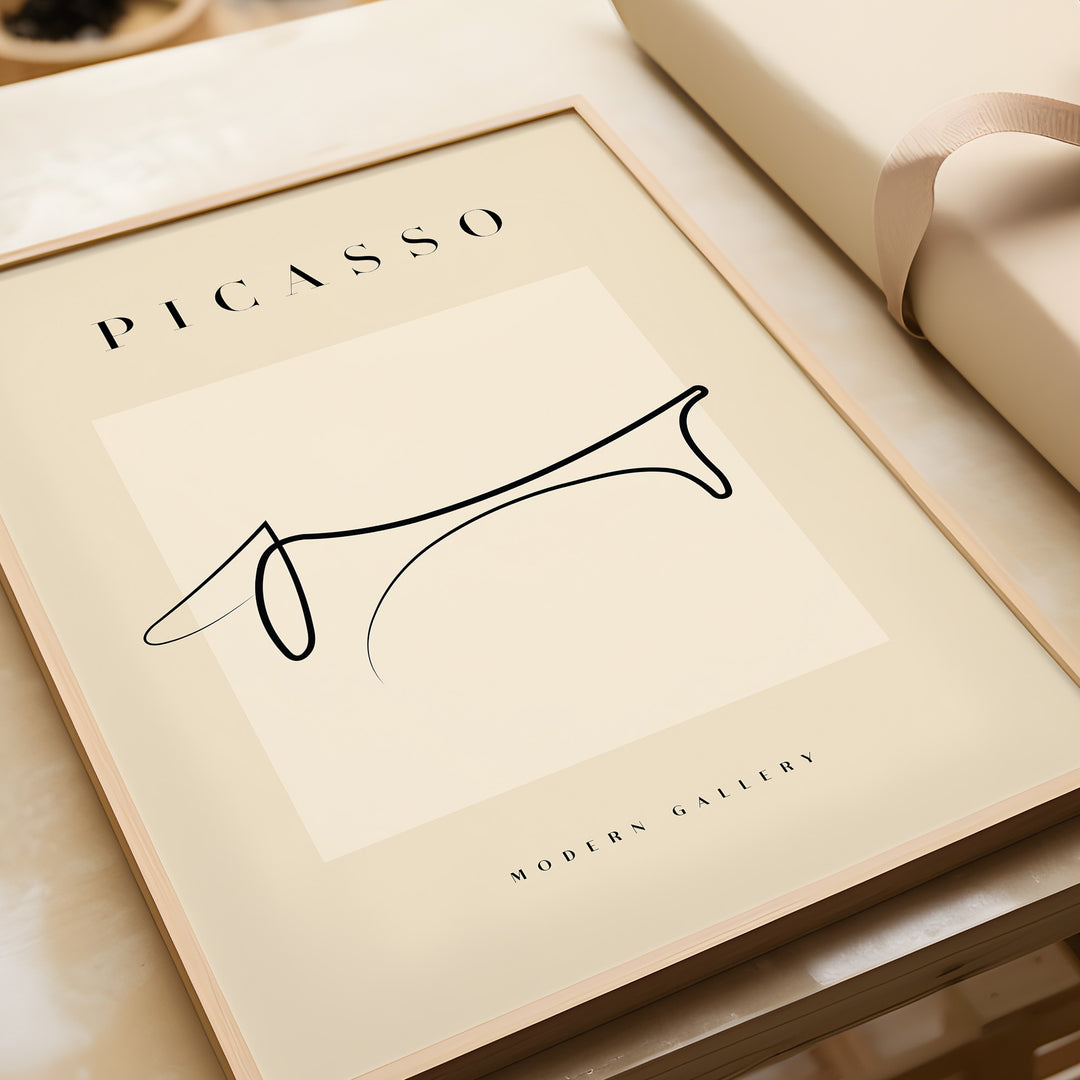 Minimalist Picasso-style line art poster featuring a Dachshund, framed and set on a neutral background.