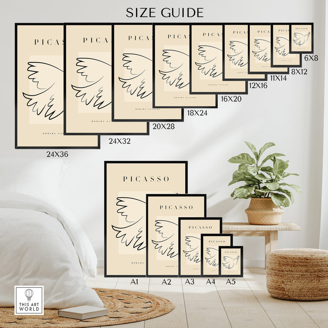Size guide for Picasso Dove of Peace line art posters displayed in various dimensions and formats.