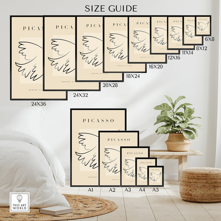 Size guide for Picasso Dove of Peace line art posters displayed in various dimensions and formats.