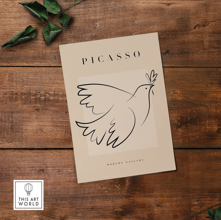 Picasso Dove of Peace line art poster featuring minimalist design on beige background, modern gallery print.