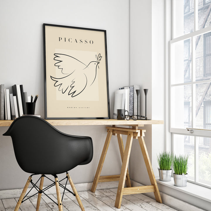 Picasso-inspired Dove of Peace line art poster in modern office setting, showcasing minimalist design.