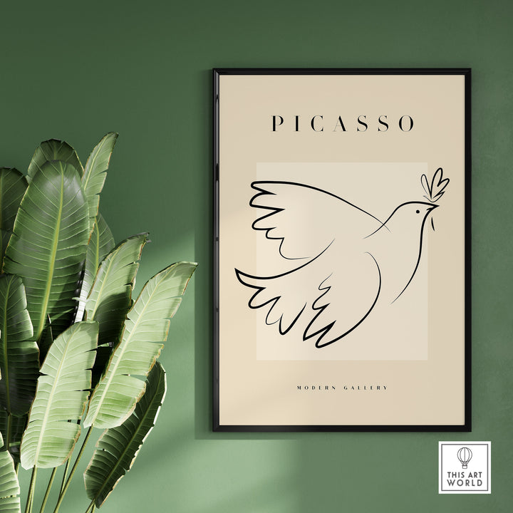 Picasso Dove of Peace line art poster in a modern frame, featuring elegant black lines on a beige background.