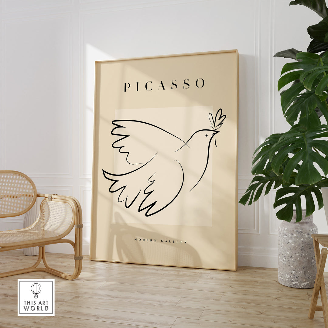 Picasso Dove of Peace line art poster with olive branch in a modern interior setting.