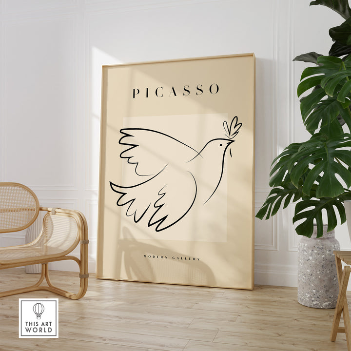 Picasso Dove of Peace line art poster with olive branch in a modern interior setting.