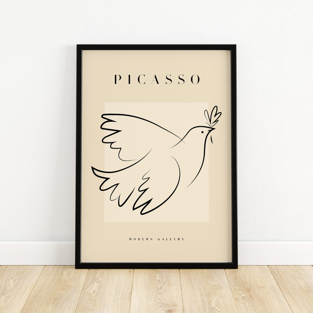 Picasso Dove of Peace line art poster in black lines on beige background, representing simplicity and elegance.