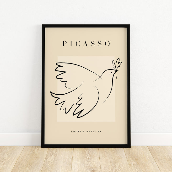 Picasso Dove of Peace line art poster in black lines on beige background, representing simplicity and elegance.