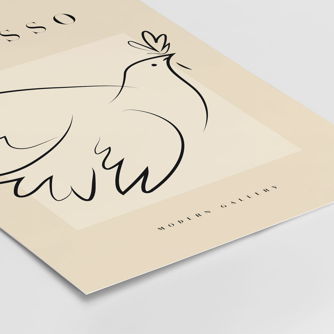 Minimalist Picasso Dove of Peace poster with olive branch, black line art on beige background, Modern Gallery print.