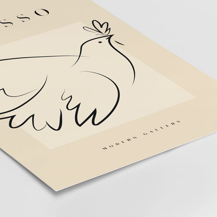 Minimalist Picasso Dove of Peace poster with olive branch, black line art on beige background, Modern Gallery print.