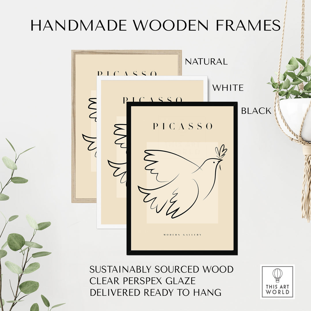 Handmade wooden frames in natural, white, and black for Picasso Dove of Peace line art poster, eco-friendly and ready to hang.
