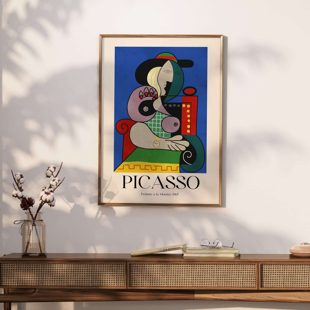 Colorful Picasso 'Femme à la Montre' 1967 art print poster framed on a modern wall, showcasing Cubist design.