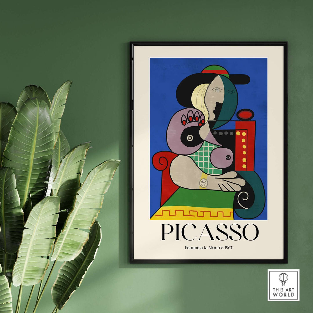 Colorful 1967 Picasso art print 'Femme à la Montre' showcasing Cubist style wall art with a woman and geometric forms.