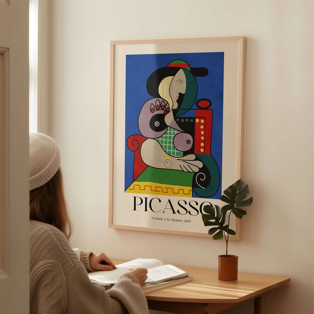 Picasso Femme à la Montre 1967 art print poster featuring a colorful cubist woman with a watch, displayed in a cozy interior.