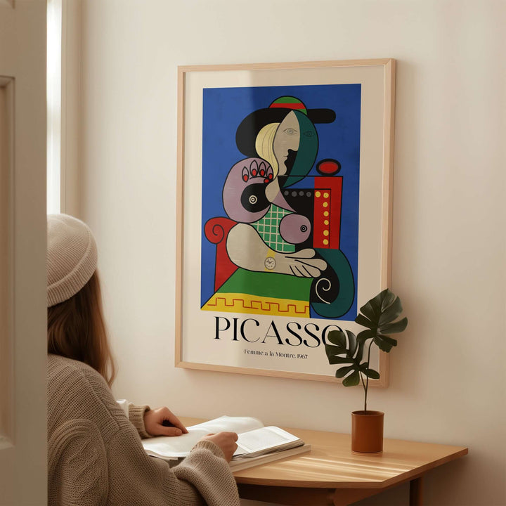 Picasso Femme à la Montre 1967 art print poster featuring a colorful cubist woman with a watch, displayed in a cozy interior.