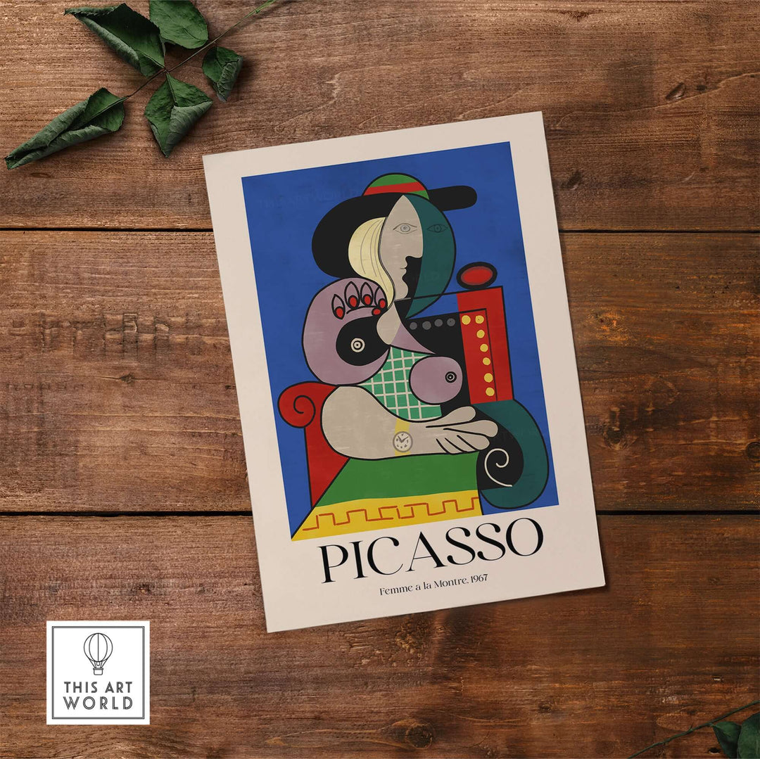 Picasso Femme à la Montre 1967 art print poster featuring colorful cubist style with geometric shapes on a blue background.