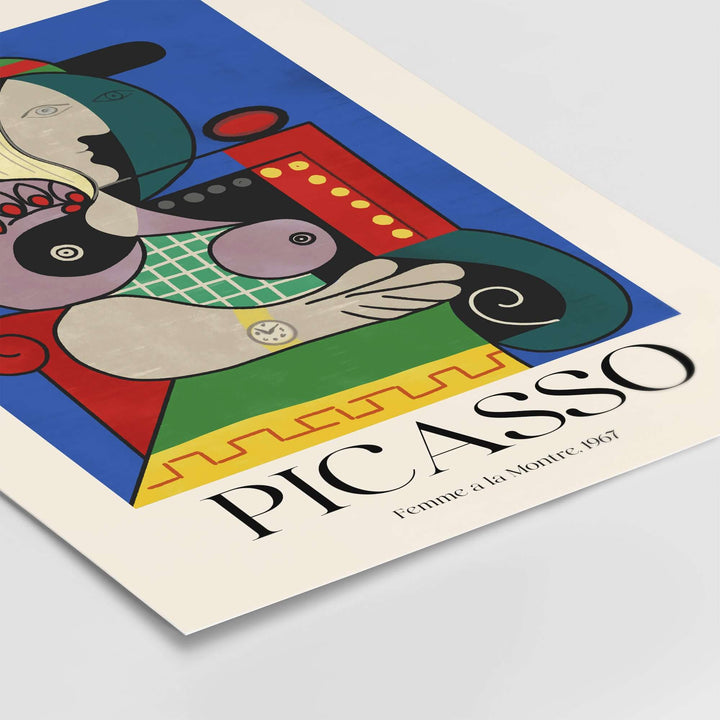 Colorful cubist poster of Picasso's 'Femme à la Montre' featuring geometric shapes and bold colors.