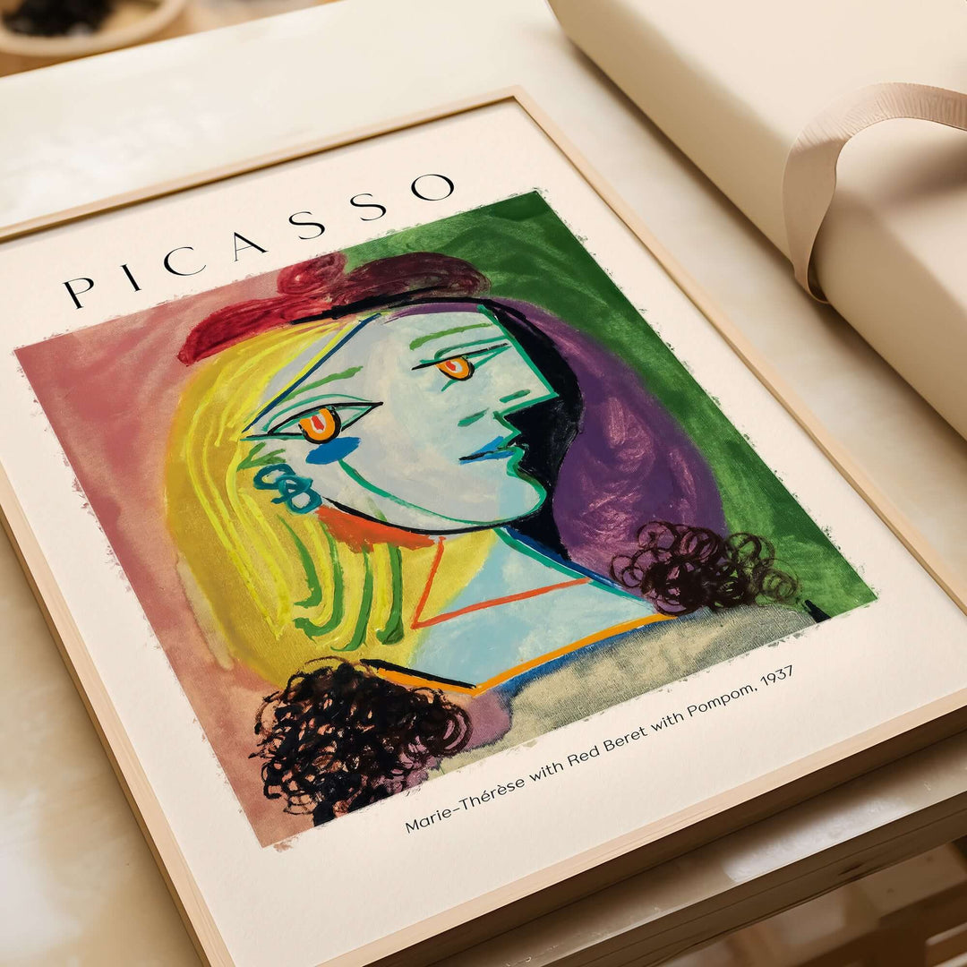 Picasso art print of Marie-Thérèse with red beret and pompom, colorful cubist portrait from 1937.