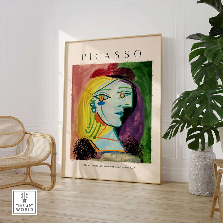 Colorful Picasso art print of Marie-Thérèse with red beret, featuring Cubist style and vibrant abstract portrait.