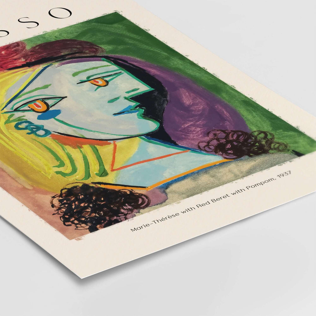 Picasso 1937 portrait art print featuring Marie-Thérèse in a colorful red beret with pompom, cubist style.