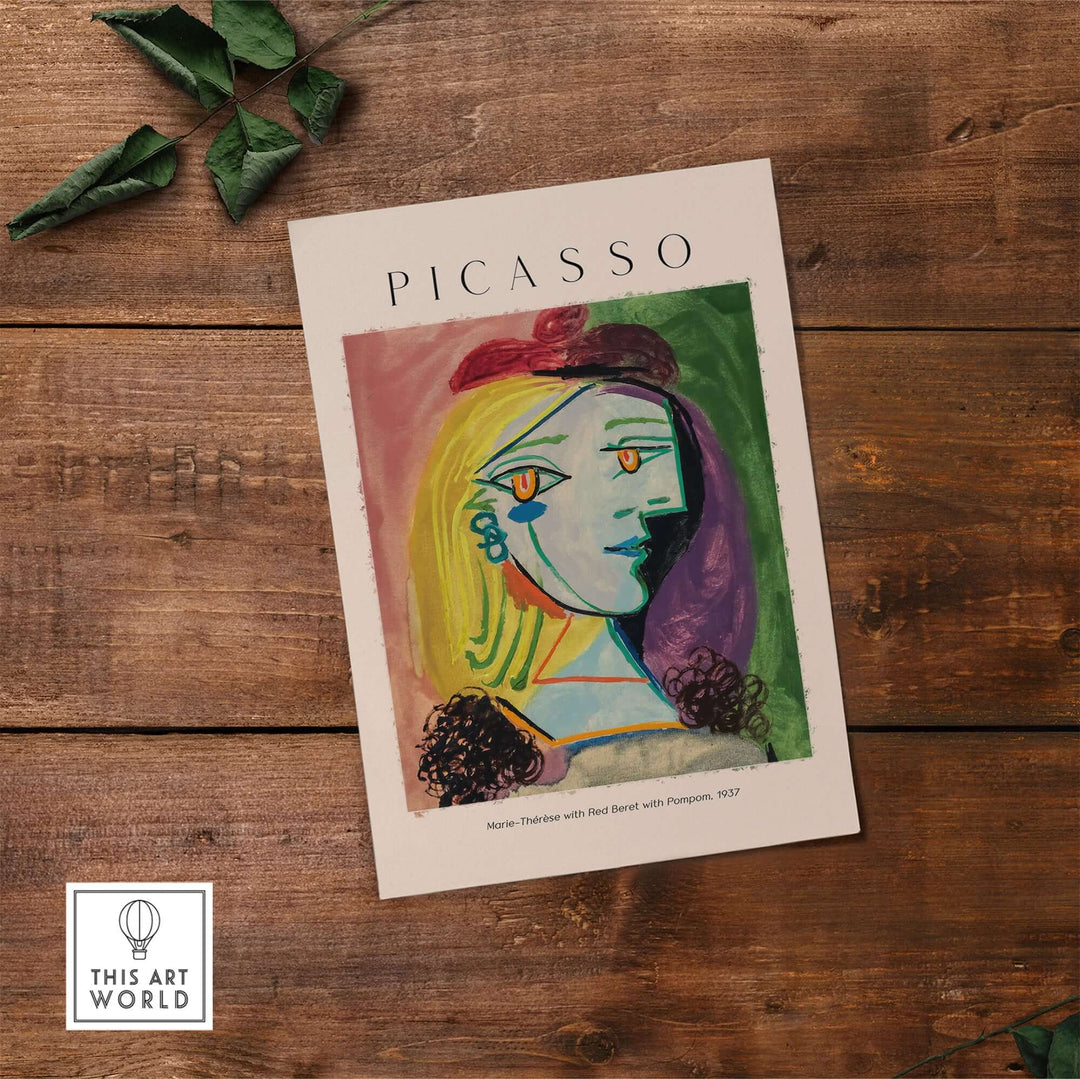 Picasso 1937 art print of Marie-Thérèse with red beret and pompom, featuring vibrant cubist colors.