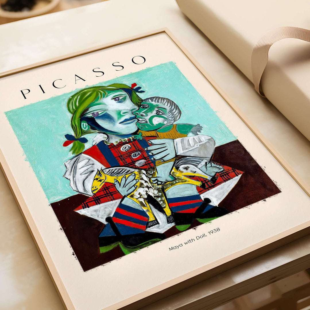 Colorful Picasso print of Maya with Doll, 1938, featuring Cubist style and playful distortions.