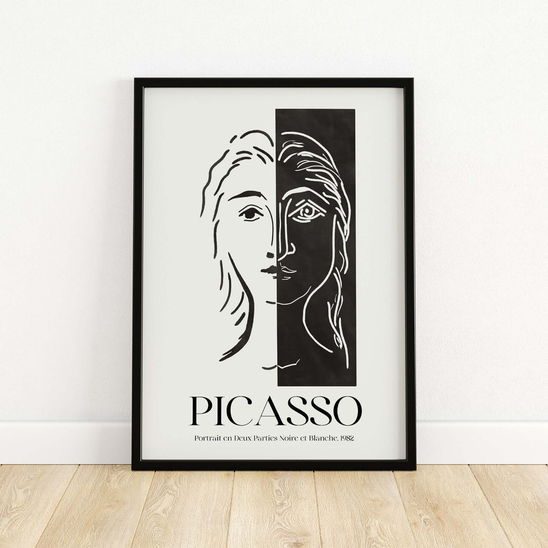 Black and white Picasso art print featuring a split face design, showcasing minimalist abstract style and modern duality.