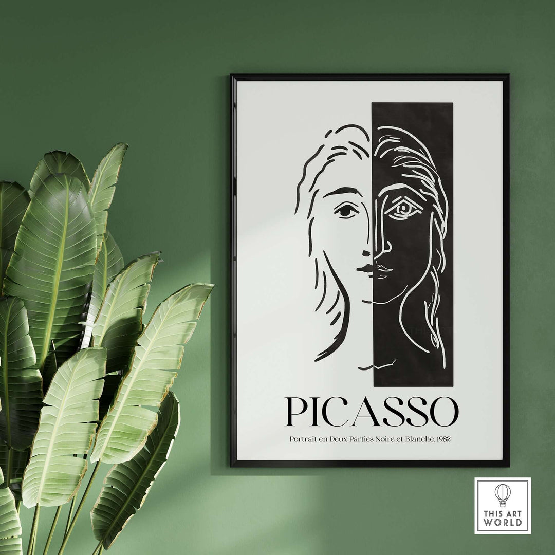 Picasso Portrait Deux Parties Black White Split Face Art Print Poster displaying minimalist duality design.