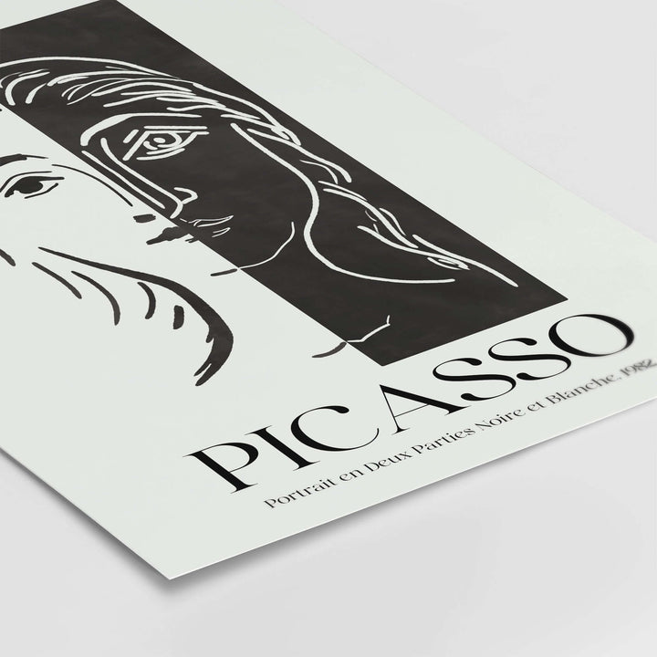 Picasso Portrait Deux Parties Black White Split Face Art Print featuring modern minimalist design.
