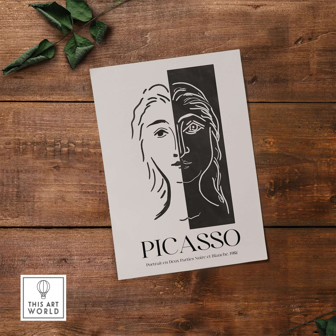 Black and white Picasso art print featuring a split face portrait, showcasing modern minimalist design.