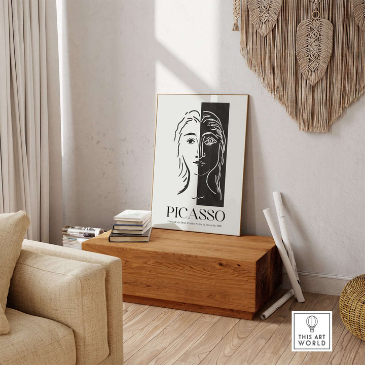 Picasso Portrait Deux Parties Black White Split Face Art Print displayed in a modern living room setting.