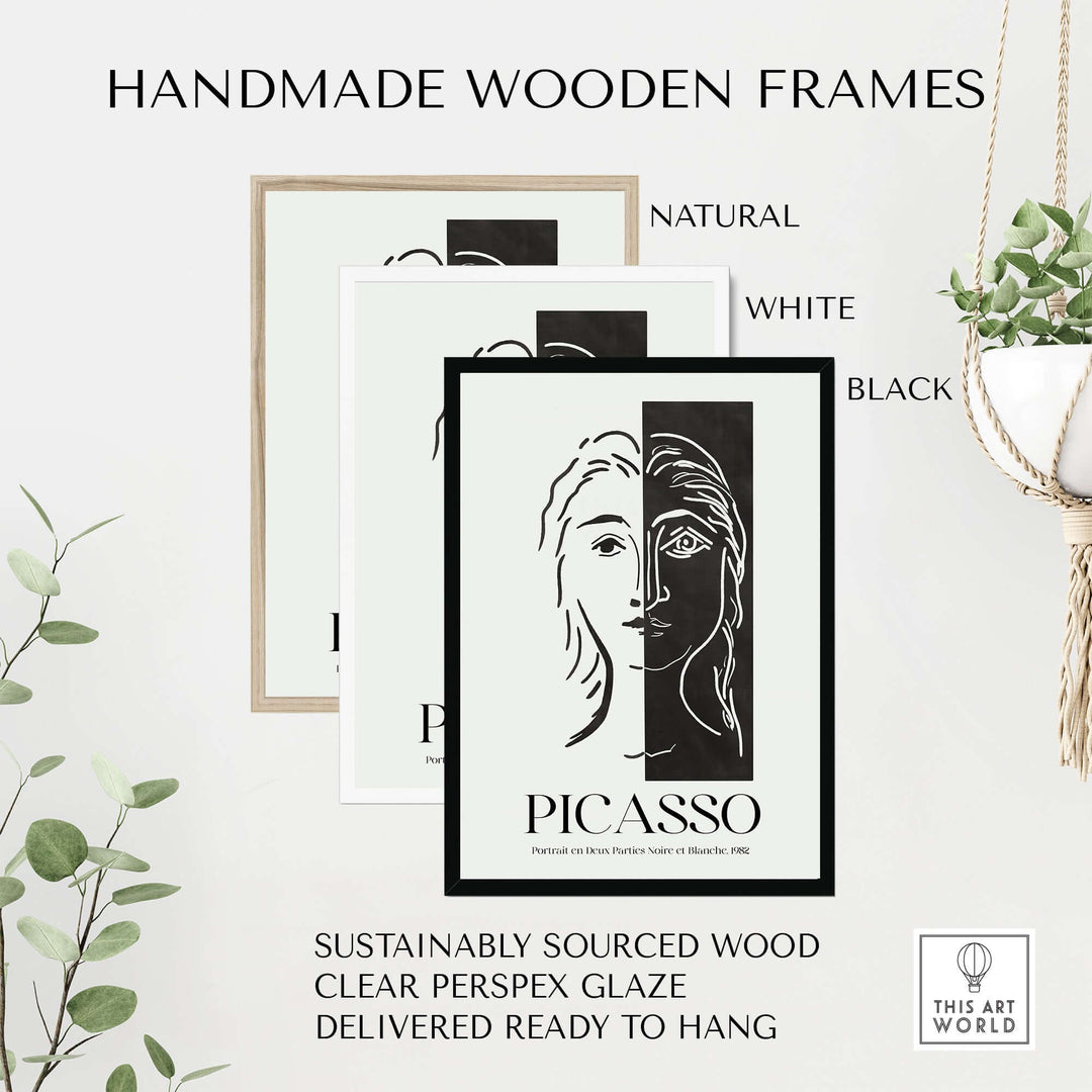 Handmade wooden frames in natural, white, and black for Picasso art prints, featuring sustainable materials and clear glaze.