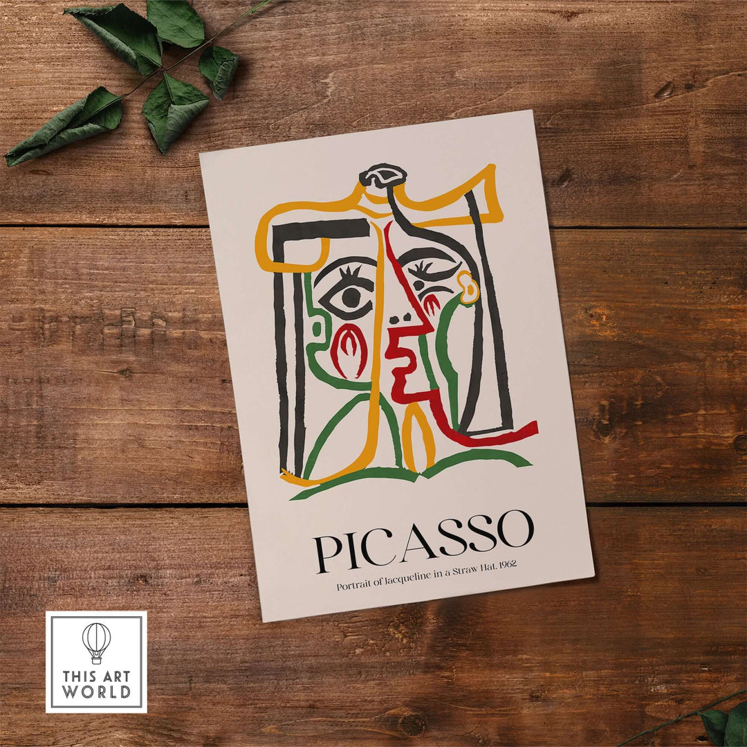 Colorful abstract poster of Picasso's 'Jacqueline in a Straw Hat' from 1962, featuring bold line art.