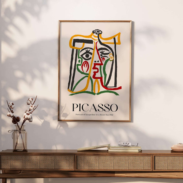 Colorful 1962 Picasso portrait print showcasing abstract line art of a woman in a straw hat.