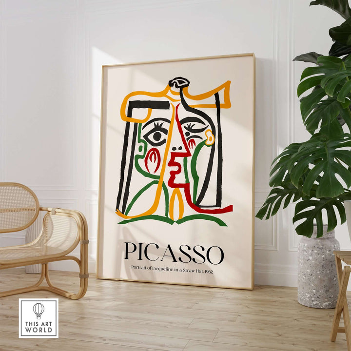 Colorful Picasso poster featuring abstract line art of Jacqueline in a straw hat, 1962 print.