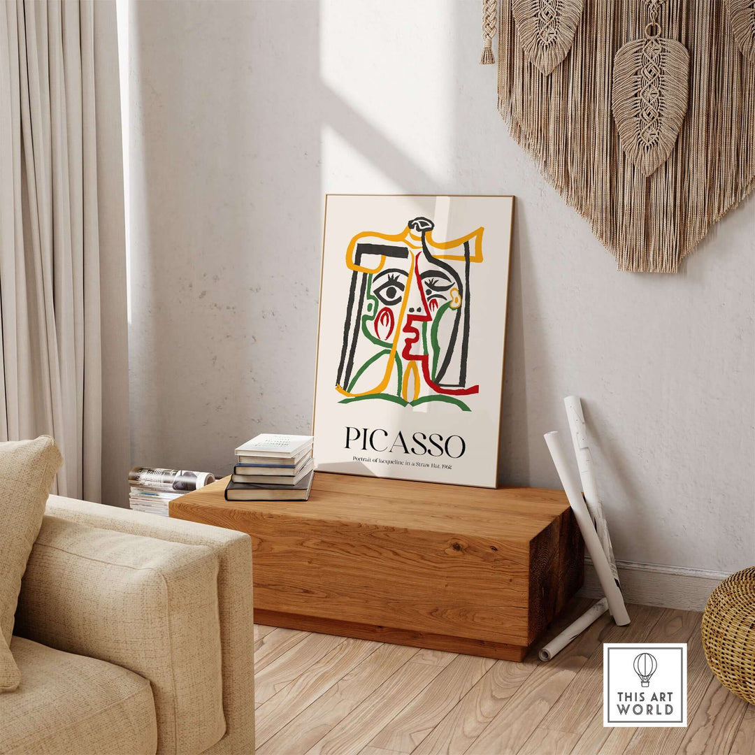 Abstract line art print of Picasso's 'Portrait of Jacqueline in Straw Hat' 1962, featuring bold colors on a neutral background.