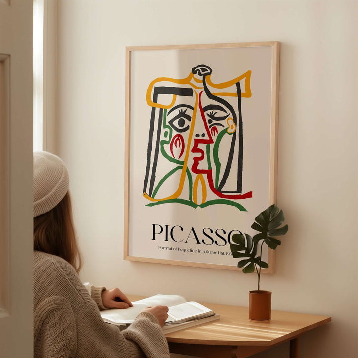 Colorful Picasso abstract art print of Jacqueline in a straw hat, featuring bold lines and block colors, displayed on wall.