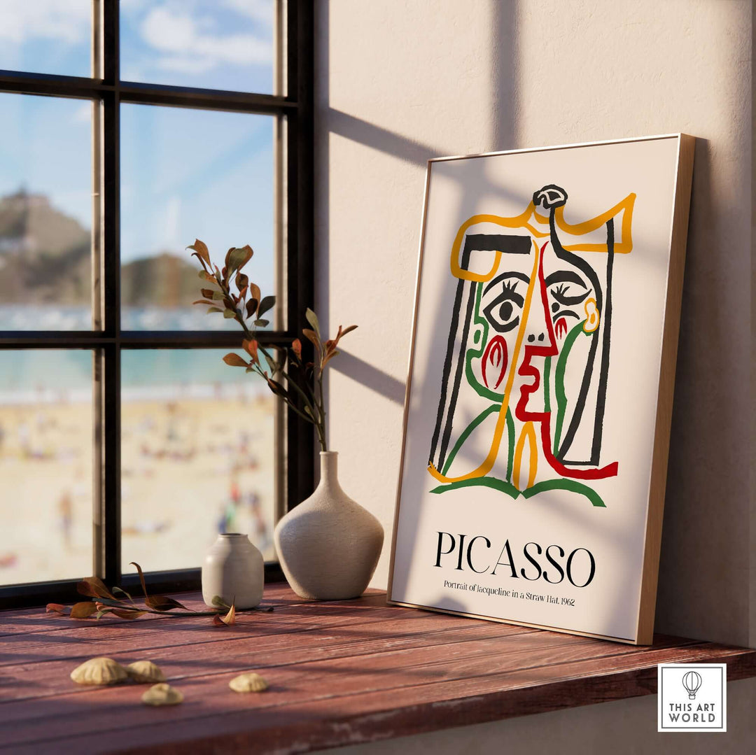 Colorful Picasso portrait of Jacqueline in a straw hat, 1962 abstract line art print displayed on a shelf.