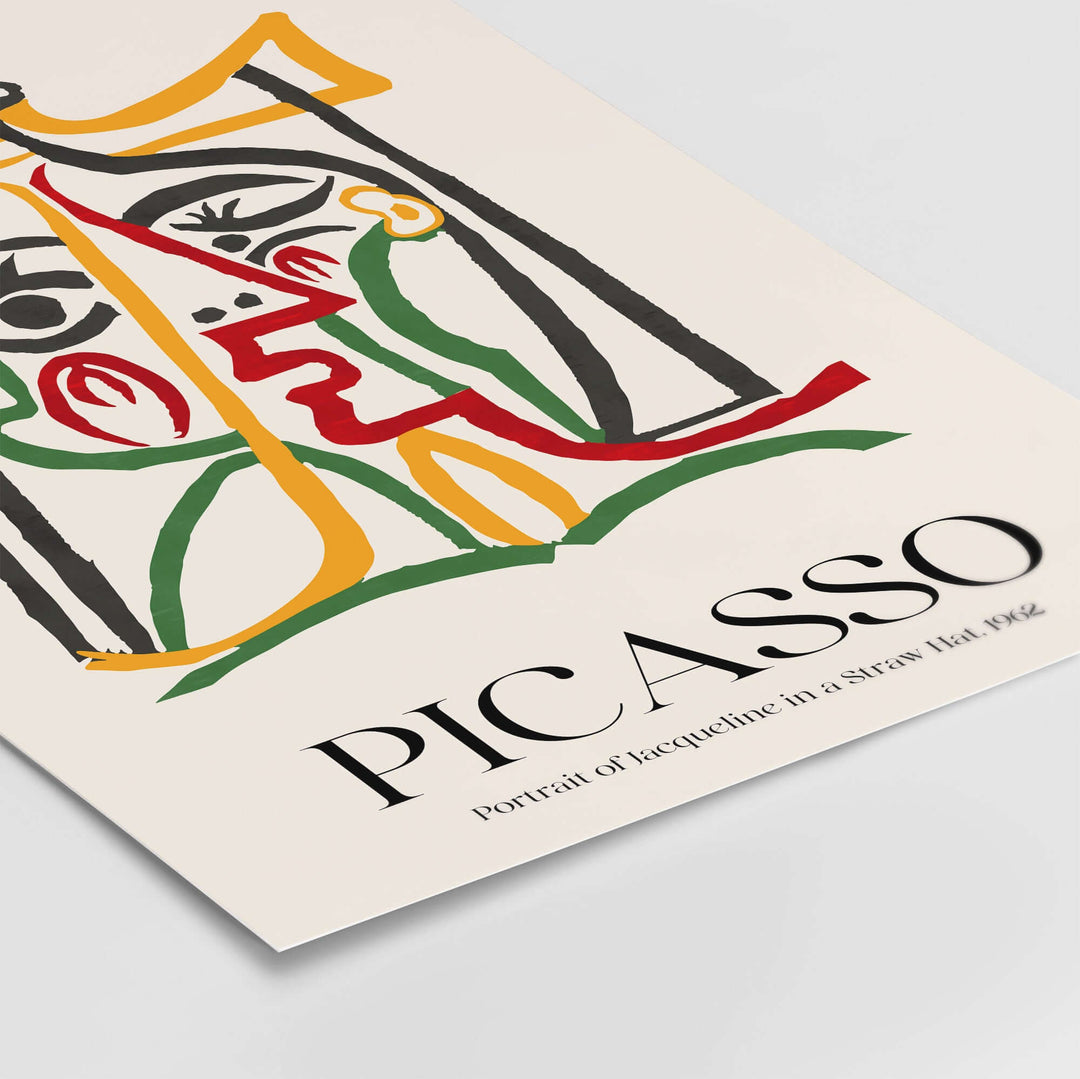 Picasso abstract line art print of Jacqueline in a straw hat, featuring colorful designs and bold lines.