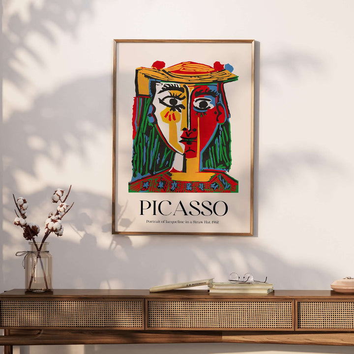 Colorful Picasso portrait print of Jacqueline in a straw hat, featuring bold colors and abstract design.