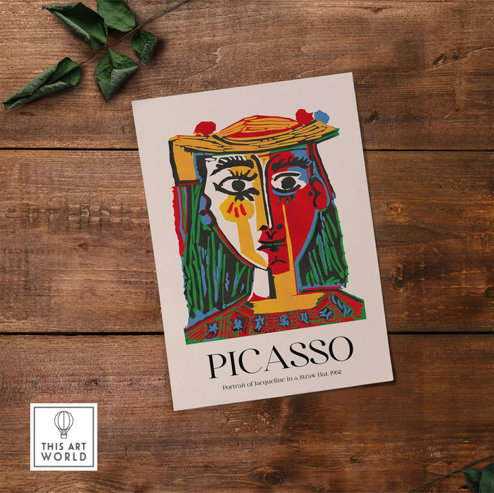 Picasso Portrait of Jacqueline in a Straw Hat 1962, colorful abstract art print modern poster on wooden background.
