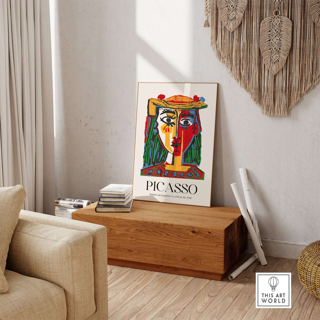 Picasso Portrait Jacqueline Straw Hat 1962 colorful abstract art print displayed in modern living room.