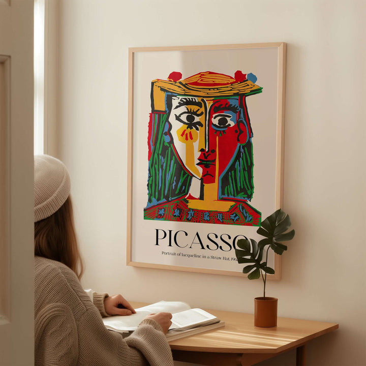 Vibrant Picasso art print of Jacqueline in a straw hat, featuring bold colors and abstract design in a modern home setting.