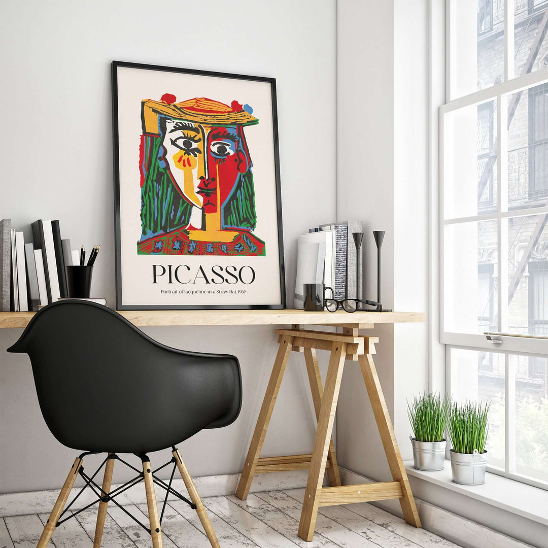 Vibrant Picasso abstract art print of Jacqueline in a straw hat, featuring bold colors and expressive brushwork.