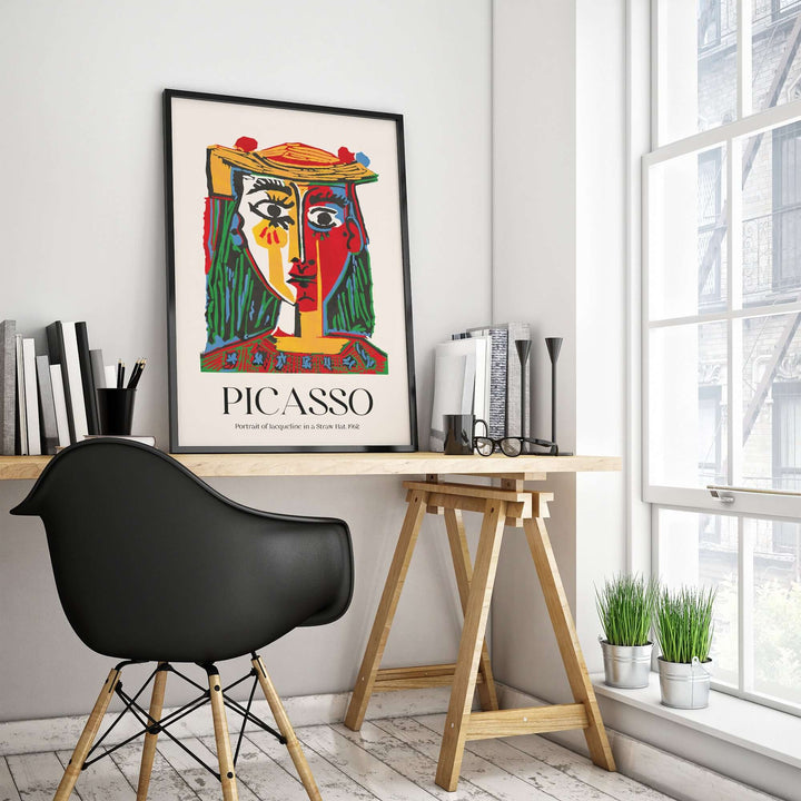 Vibrant Picasso abstract art print of Jacqueline in a straw hat, featuring bold colors and expressive brushwork.