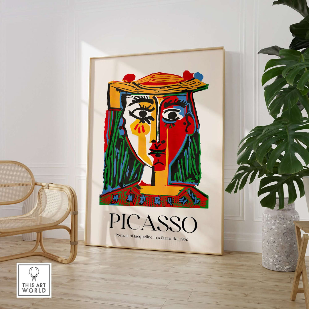 Colorful Picasso art print 'Portrait of Jacqueline in a Straw Hat' displayed in a modern interior design.