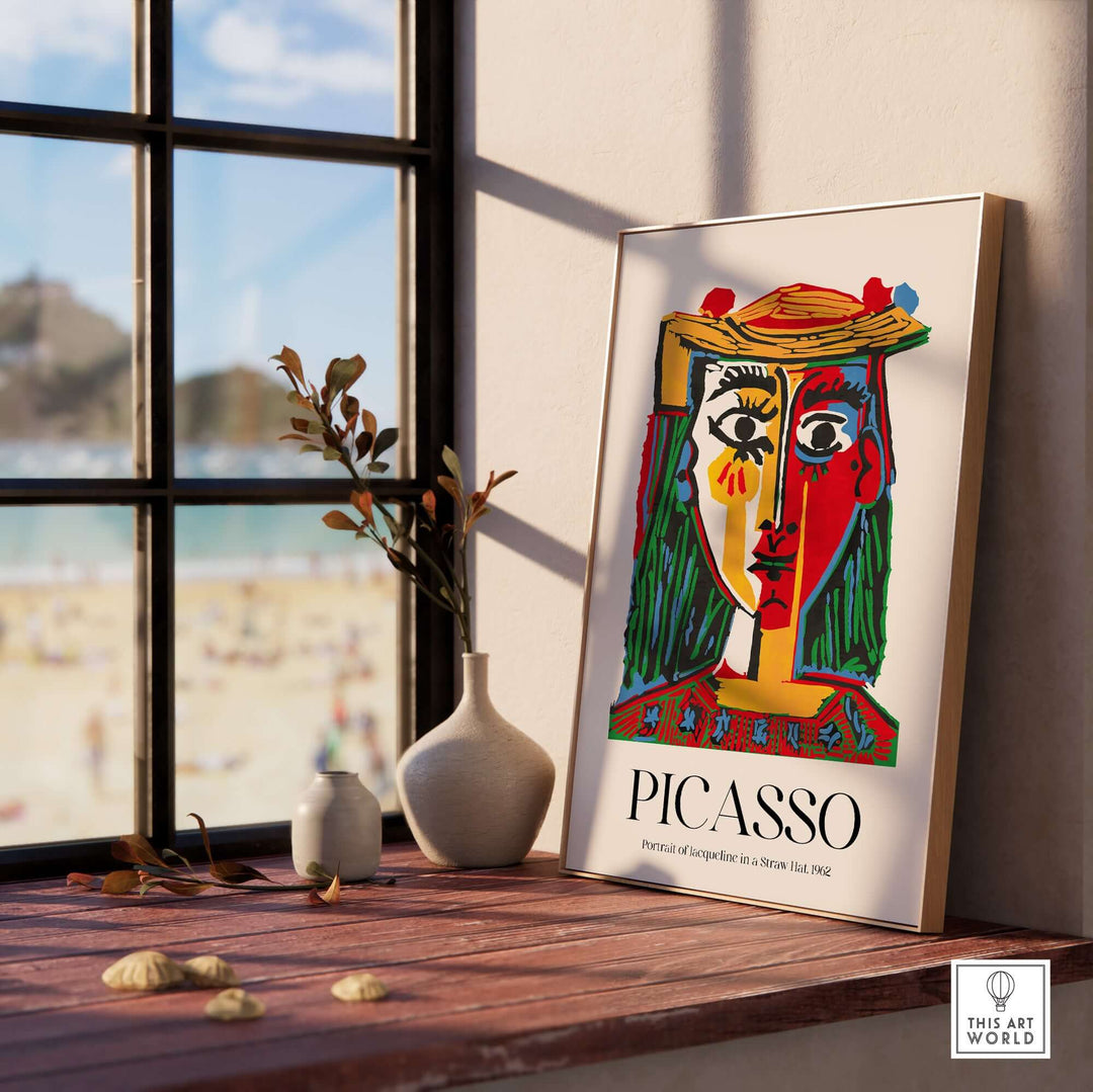 Colorful Picasso art print of Jacqueline in a straw hat, displayed in a sunlit room with beach view.
