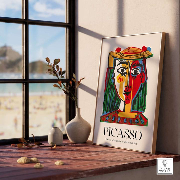 Colorful Picasso art print of Jacqueline in a straw hat, displayed in a sunlit room with beach view.