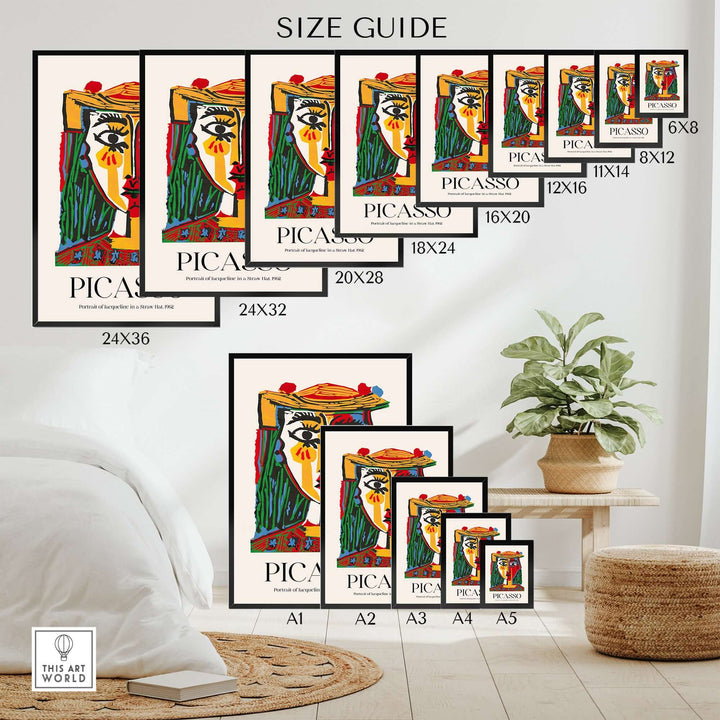 Size guide for Picasso portrait prints featuring dimensions for various frame sizes in a modern home setting.
