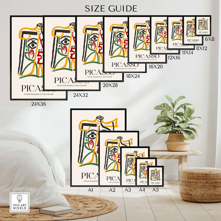 Size guide for Picasso Portrait Jacqueline Straw Hat prints in various dimensions displayed in a modern room setting.