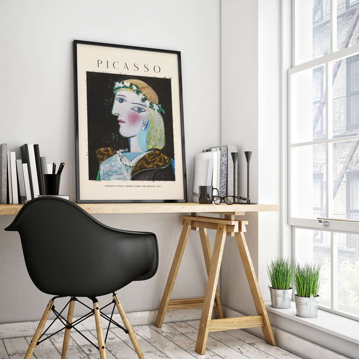 Cubist art print of Picasso's Portrait of Marie-Thérèse Walter showcasing floral garland in a modern interior.
